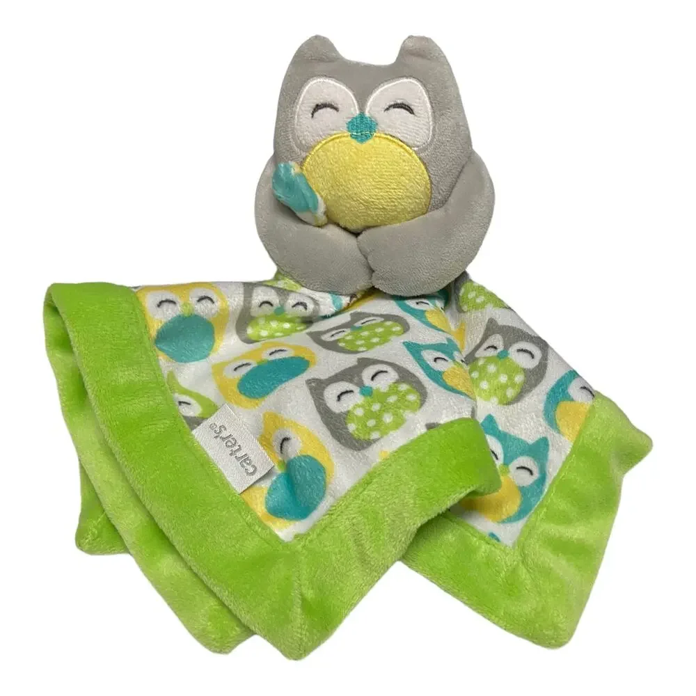 Carter's Gray Owl Plush‎ Velour Lovey Security Blanket 67039 Green Yellow 14